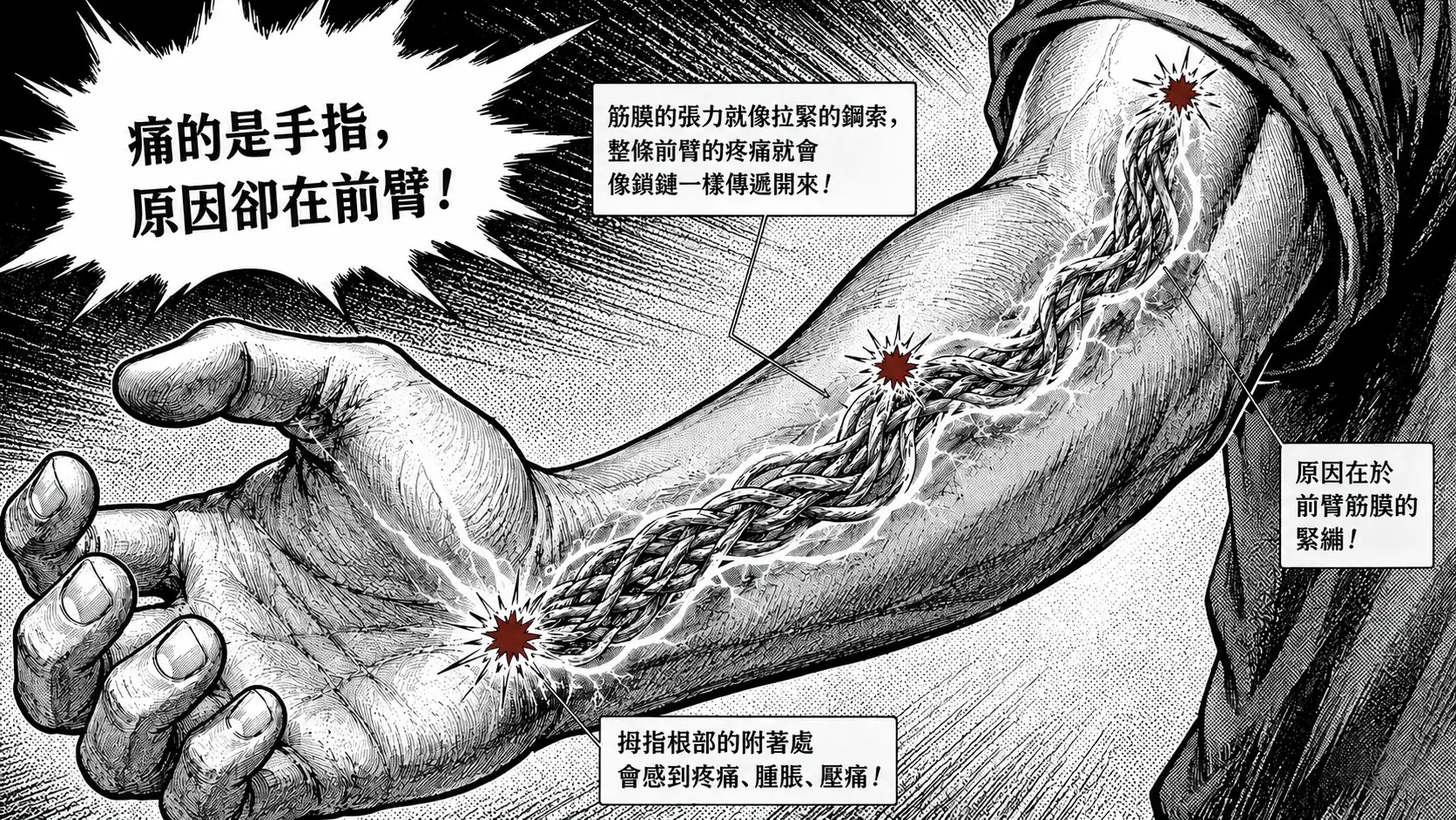 漫畫插圖：手部與前臂的筋膜像拉緊的鋼索，疼痛從拇指根部沿前臂一路傳遞到手肘，標示三個紅色痛點