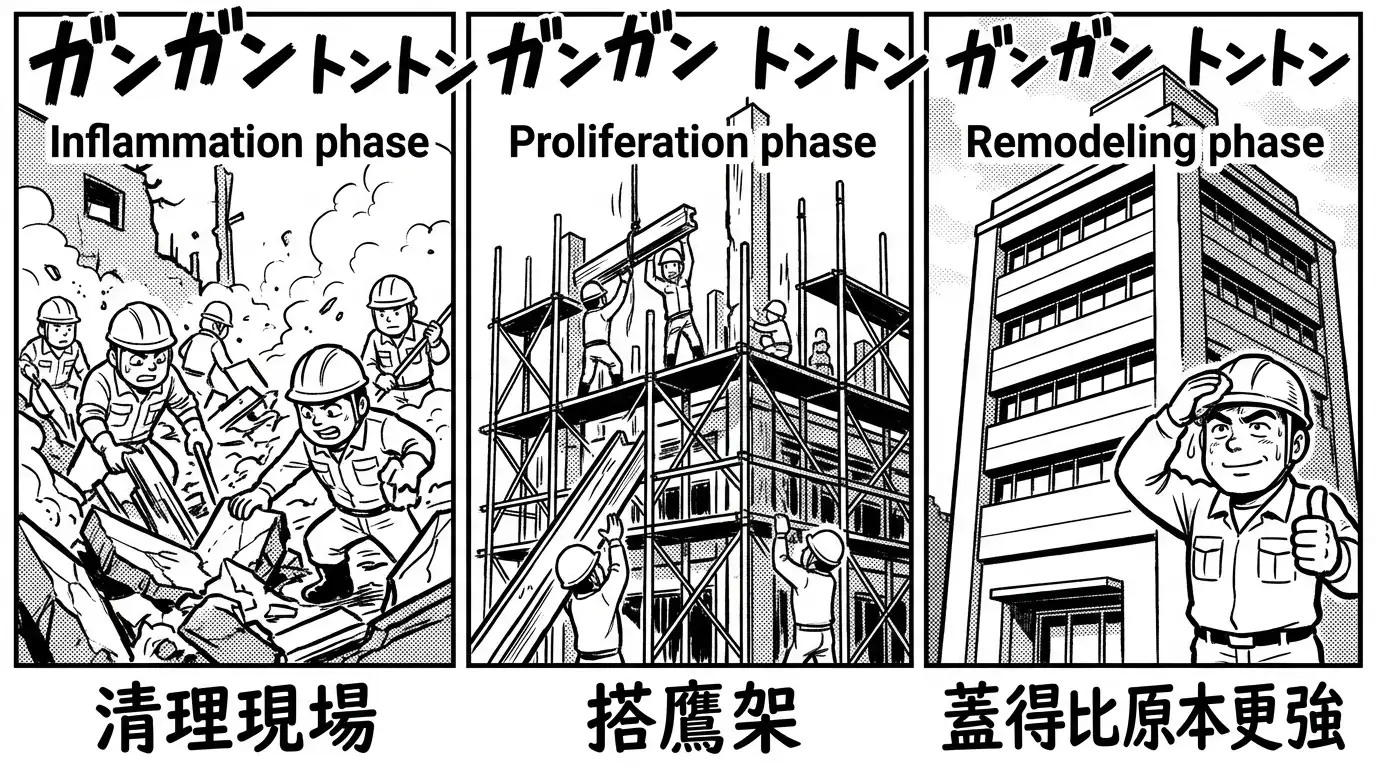 漫畫插圖:把身體修復比喻成工地施工,發炎期是清理現場的工班進場、增生期是搭鷹架、重塑期是收尾裝潢,蓋出比原本更堅固的結構