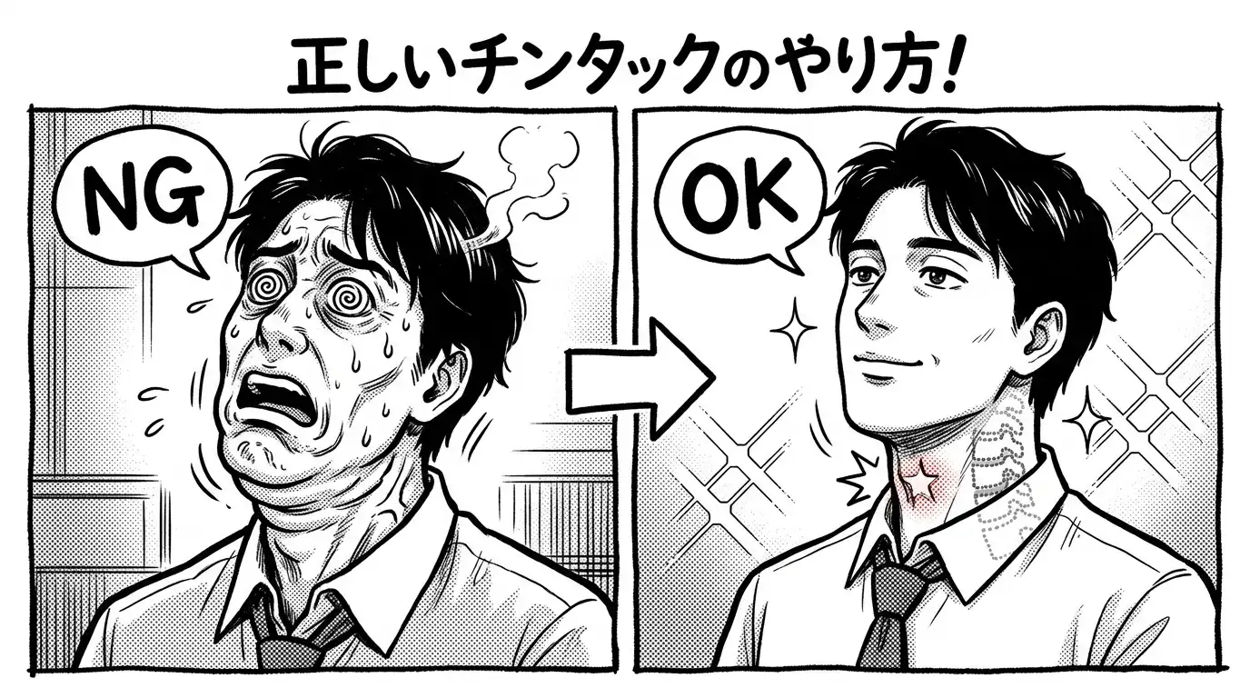 漫畫插圖：下巴收回運動 NG 與 OK 對比，左側錯誤姿勢眼神渙散冒汗，右側正確姿勢頸部放鬆發光