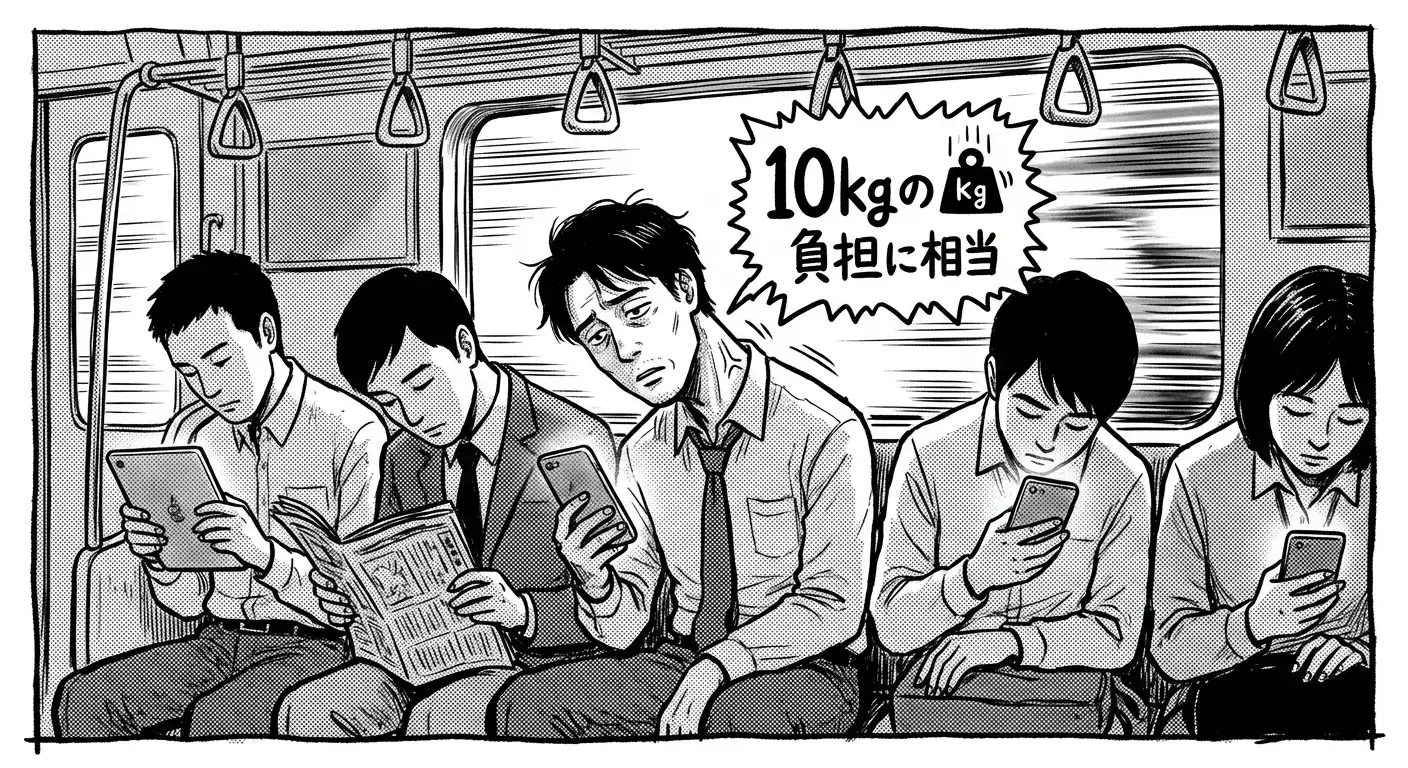 漫畫插圖：電車內多名低頭族滑手機，頸椎承受 10kg 負荷示意
